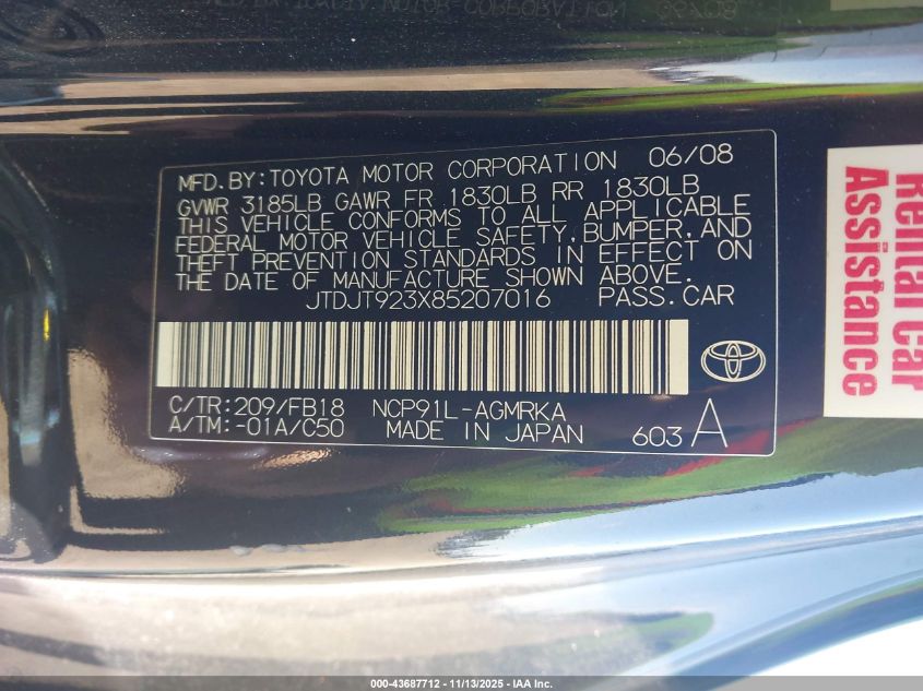 2008 Toyota Yaris VIN: JTDJT923X85207016 Lot: 43687712
