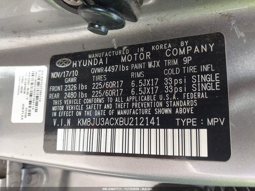 KM8JU3ACXBU212141 2011 HYUNDAI TUCSON photo no. 9