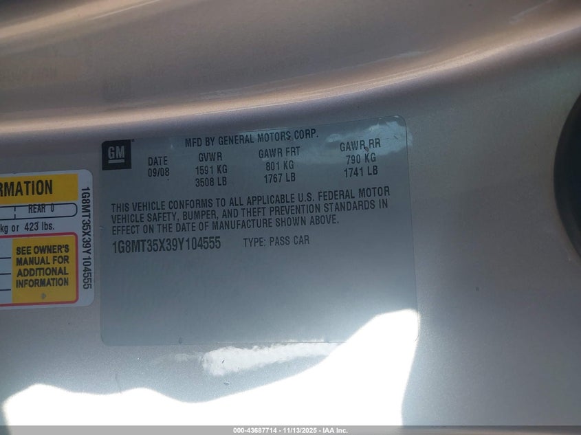 2009 Saturn Sky Red Line VIN: 1G8MT35X39Y104555 Lot: 43687714