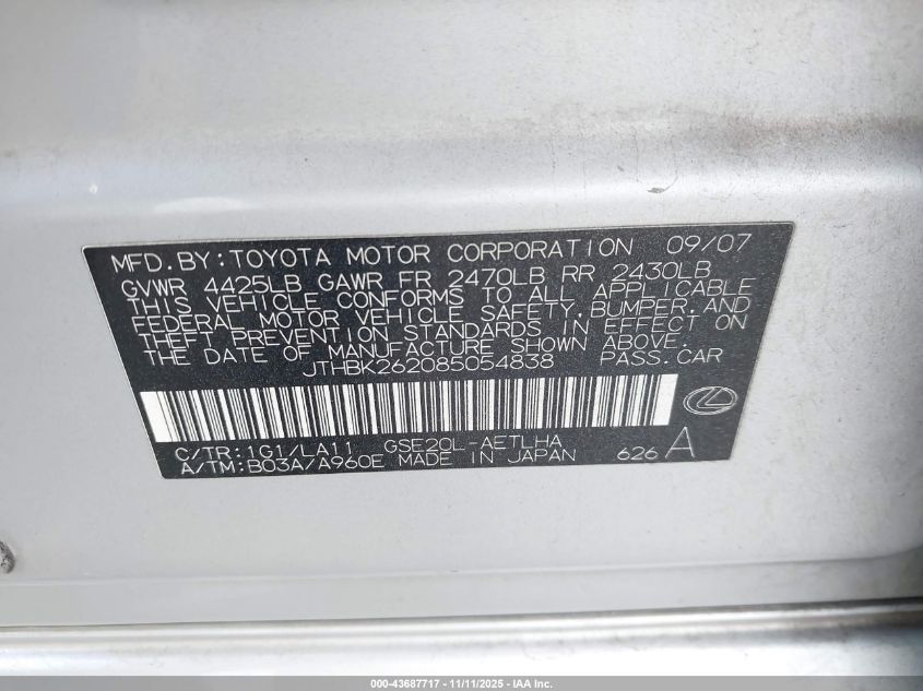 2008 Lexus Is 250 VIN: JTHBK262085054838 Lot: 43687717