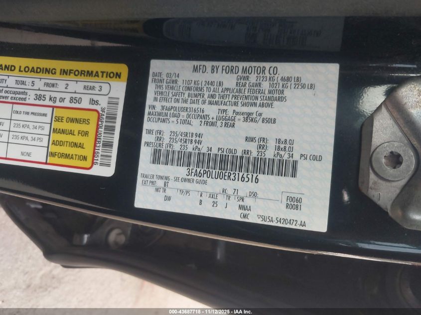 2014 Ford Fusion Hybrid Se VIN: 3FA6P0LU0ER316516 Lot: 43687718