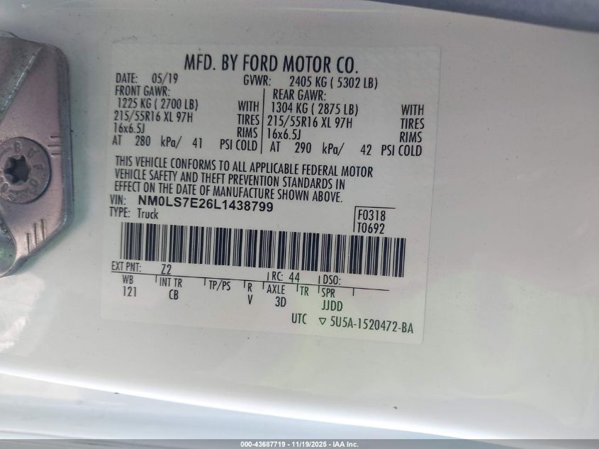 2020 Ford Transit Connect Xl VIN: NM0LS7E26L1438799 Lot: 43687719