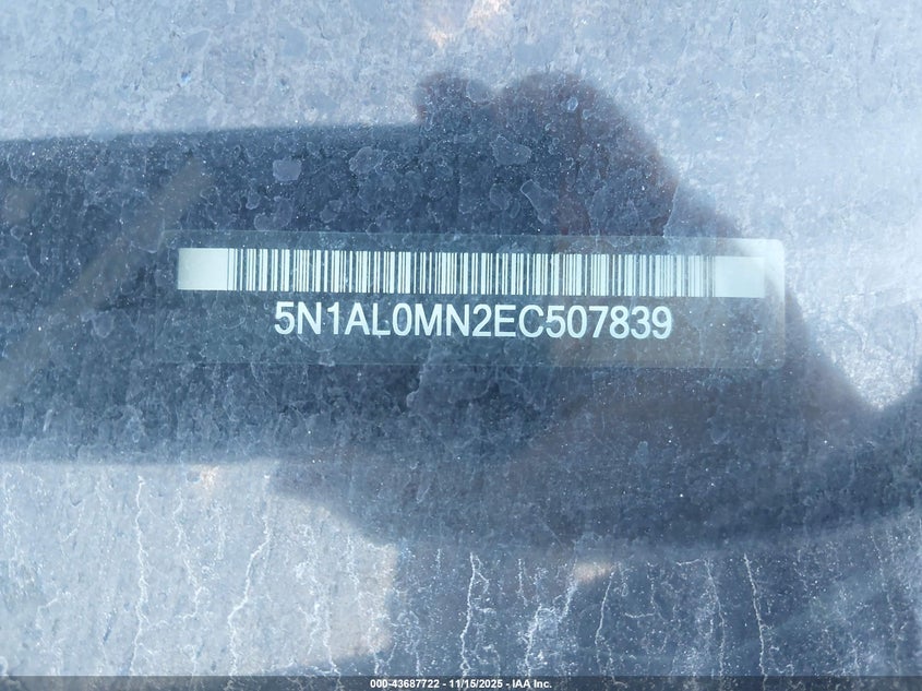 2014 Infiniti Qx60 VIN: 5N1AL0MN2EC507839 Lot: 43687722