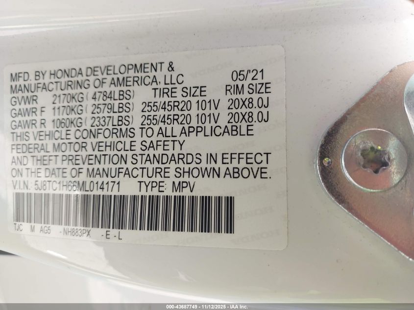2021 Acura Rdx A-Spec Package VIN: 5J8TC1H66ML014171 Lot: 43687749