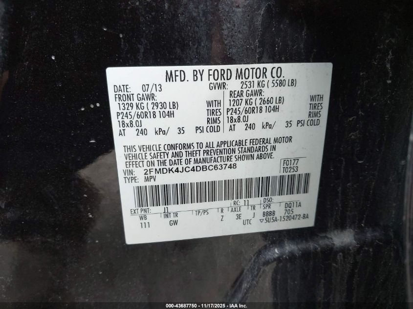 2013 Ford Edge Sel VIN: 2FMDK4JC4DBC63748 Lot: 43687750