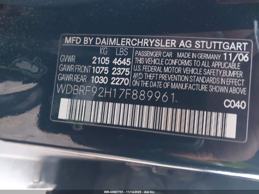 2007 Mercedes-Benz C 280 Luxury 4Matic VIN: WDBRF92H17F889961 Lot: 43687751