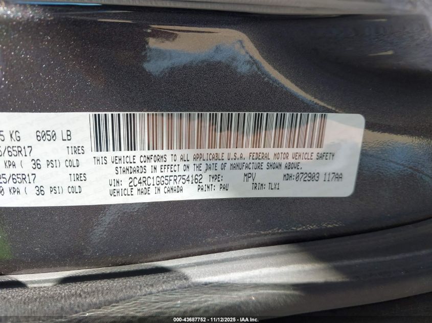 2015 Chrysler Town & Country Limited Platinum VIN: 2C4RC1GG5FR754162 Lot: 43687752