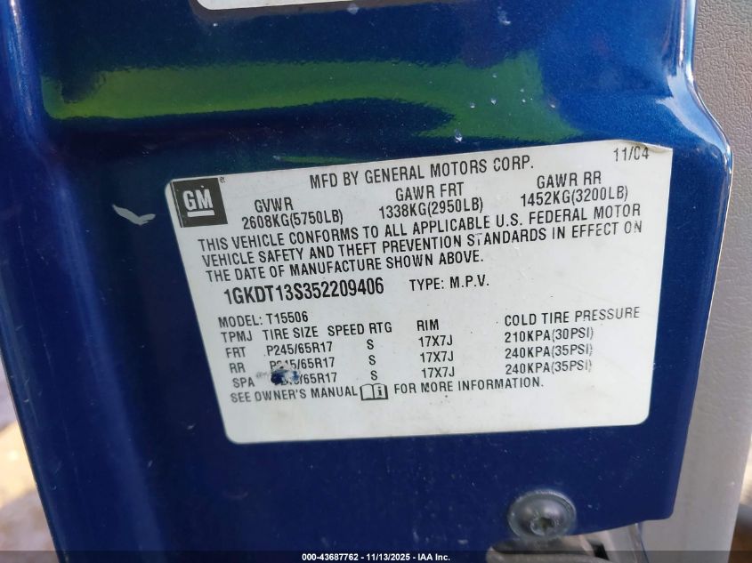 2005 GMC Envoy Sle VIN: 1GKDT13S352209406 Lot: 43687762