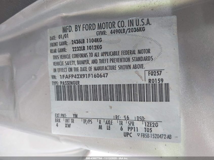 2001 Ford Mustang Gt VIN: 1FAFP42X91F160647 Lot: 43687764