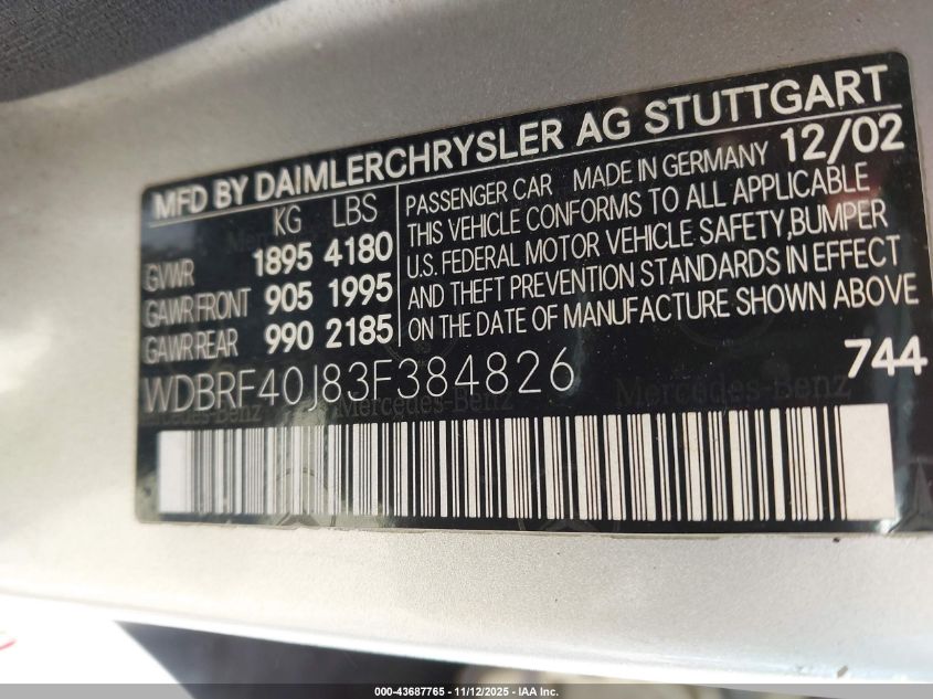 2003 Mercedes-Benz C 230 Kompressor Sport VIN: WDBRF40J83F384826 Lot: 43687765
