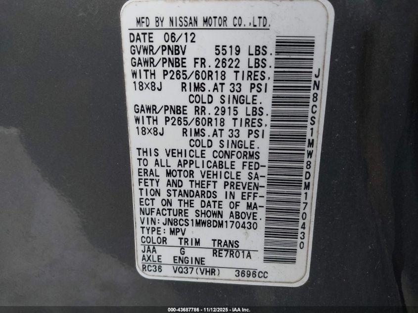 2013 Infiniti Fx37 VIN: JN8CS1MW8DM170430 Lot: 43687786