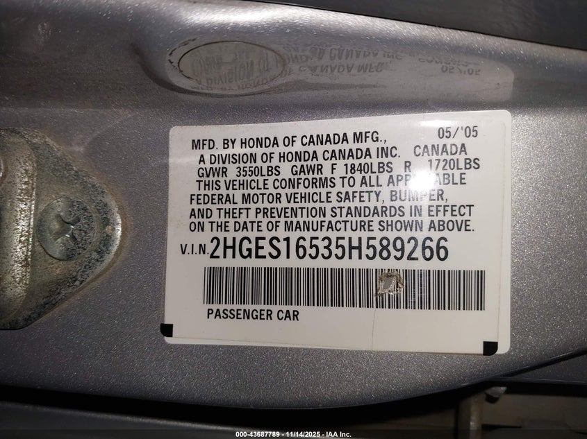 2HGES16535H589266 2005 HONDA CIVIC photo no. 9