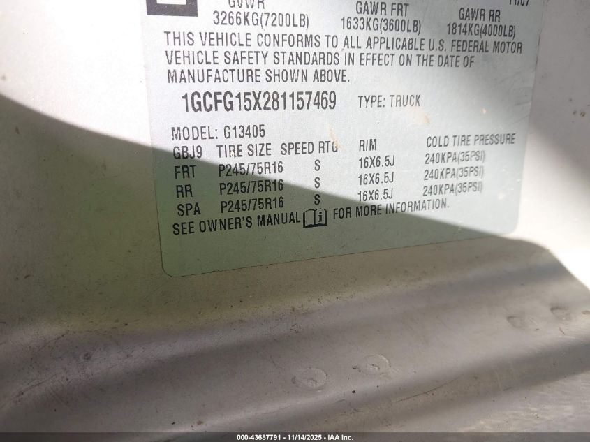 2008 Chevrolet Express Work Van VIN: 1GCFG15X281157469 Lot: 43687791