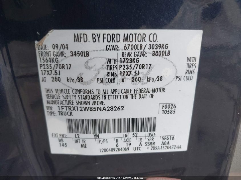 2005 Ford F-150 Stx/Xl/Xlt VIN: 1FTRX12W85NA28262 Lot: 43687795