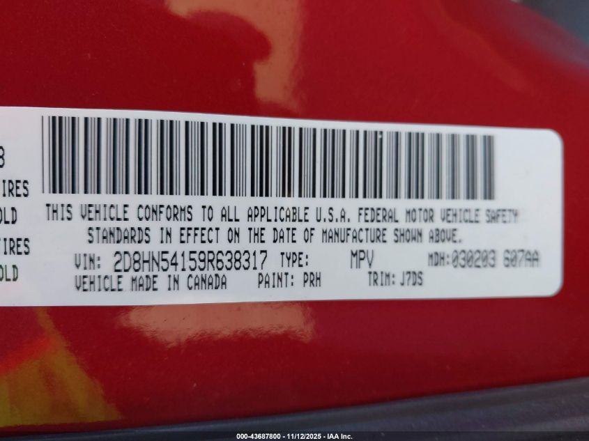 2009 Dodge Grand Caravan Sxt VIN: 2D8HN54159R638317 Lot: 43687800