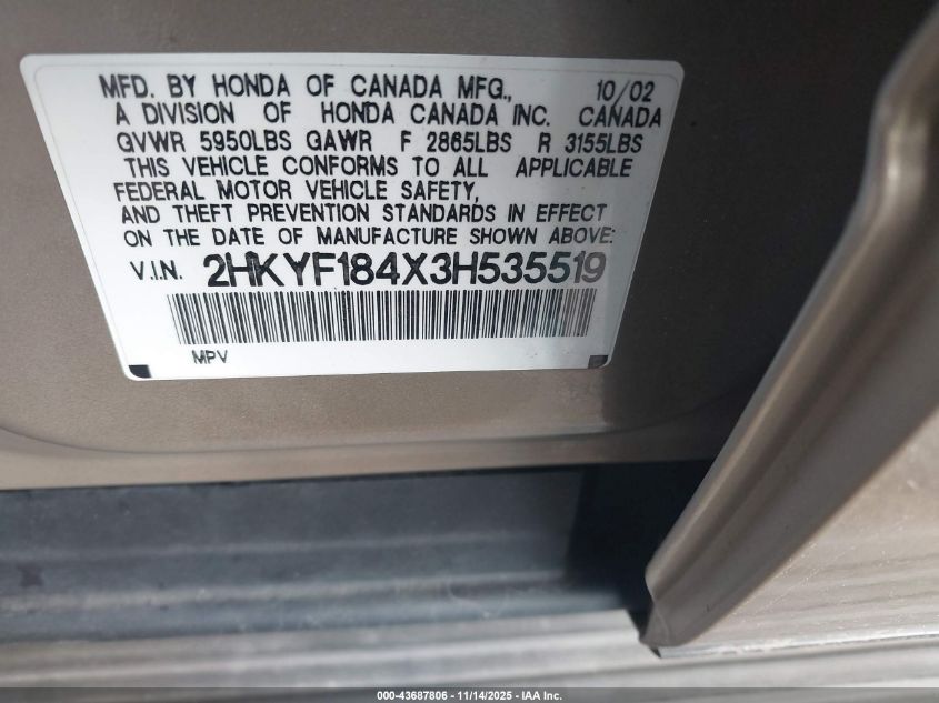 2003 Honda Pilot Ex VIN: 2HKYF184X3H535519 Lot: 43687806