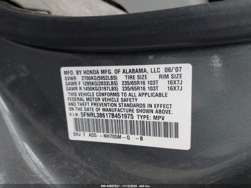 2007 Honda Odyssey Ex-L VIN: 5FNRL38617B451975 Lot: 43687821