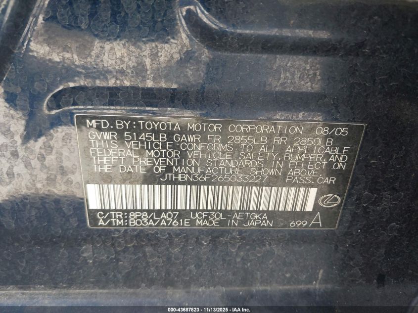 2006 Lexus Ls 430 VIN: JTHBN36F265033227 Lot: 43687823