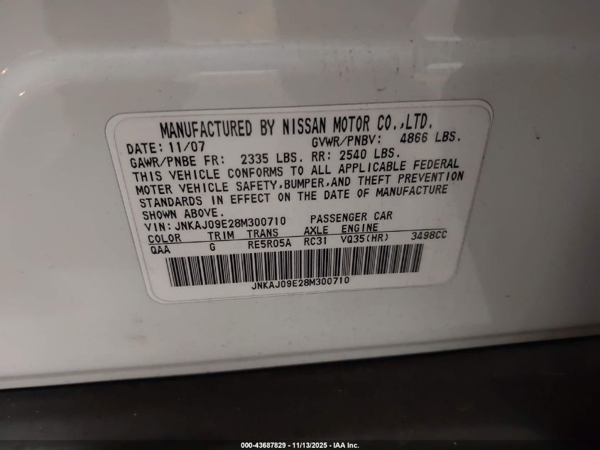 2008 Infiniti Ex35 Journey VIN: JNKAJ09E28M300710 Lot: 43687829