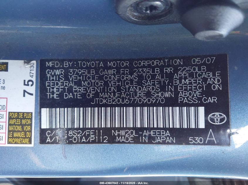 2007 Toyota Prius VIN: JTDKB20U677090970 Lot: 43687843