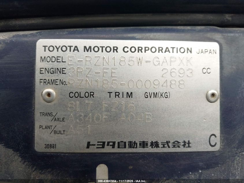 1996 Toyota 4 Runner VIN: 0000RZN1850009488 Lot: 43687854