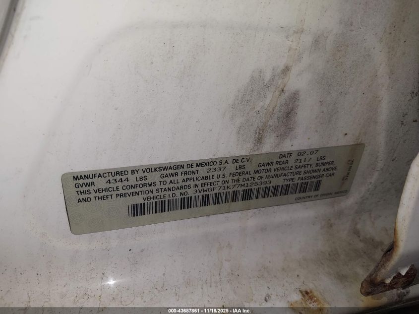 2007 Volkswagen Jetta VIN: 3VWGF71K77M125393 Lot: 43687861