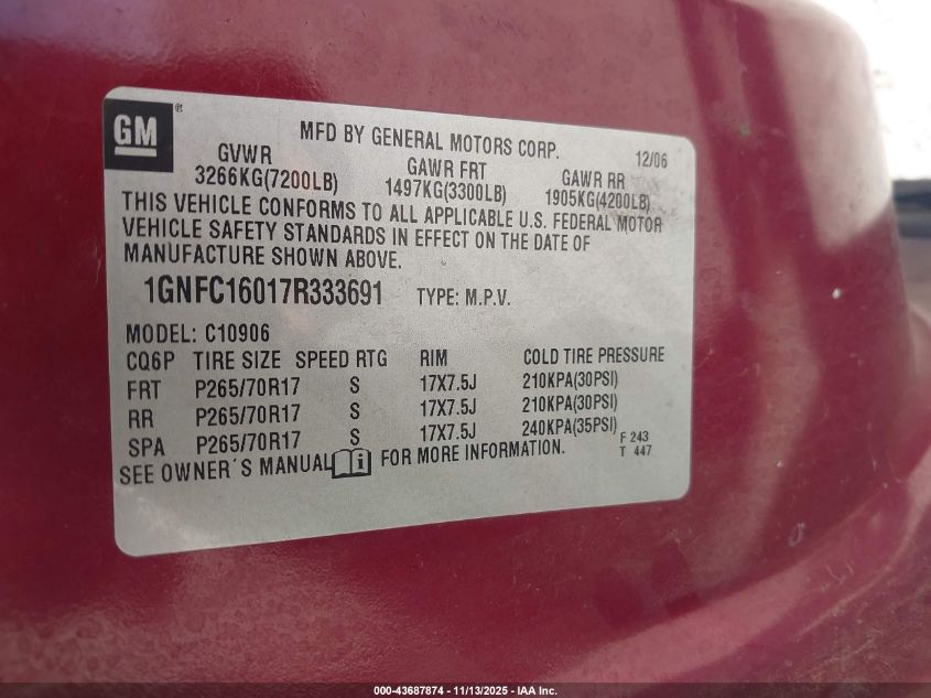 2007 Chevrolet Suburban 1500 Lt VIN: 1GNFC16017R333691 Lot: 43687874