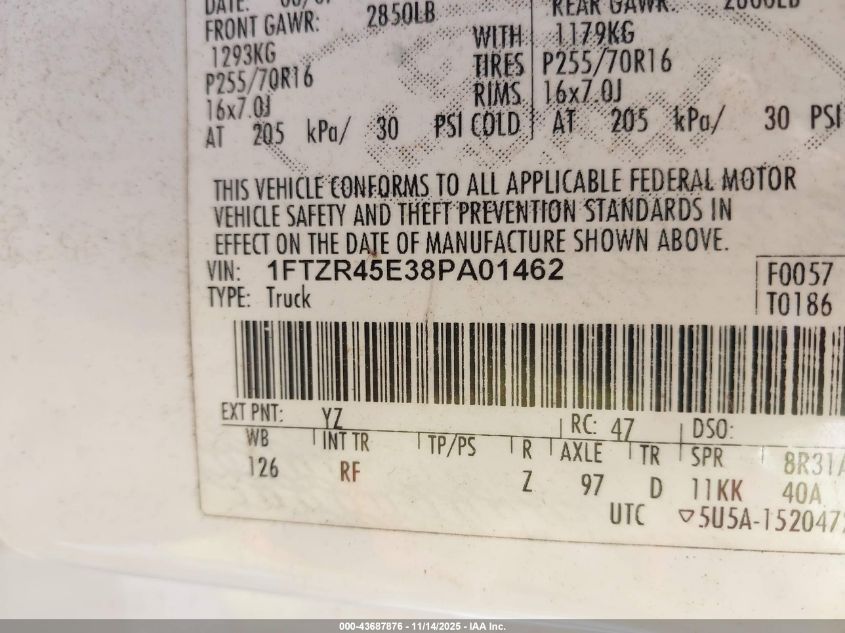 2008 Ford Ranger Fx4 Off-Road/Sport/Xlt VIN: 1FTZR45E38PA01462 Lot: 43687876