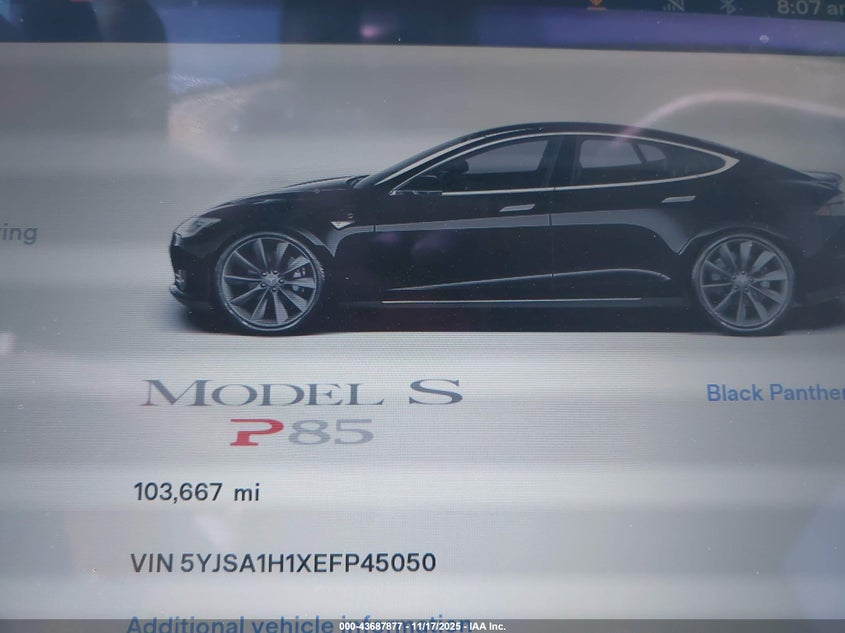 2014 Tesla Model S P85 VIN: 5YJSA1H1XEFP45050 Lot: 43687877