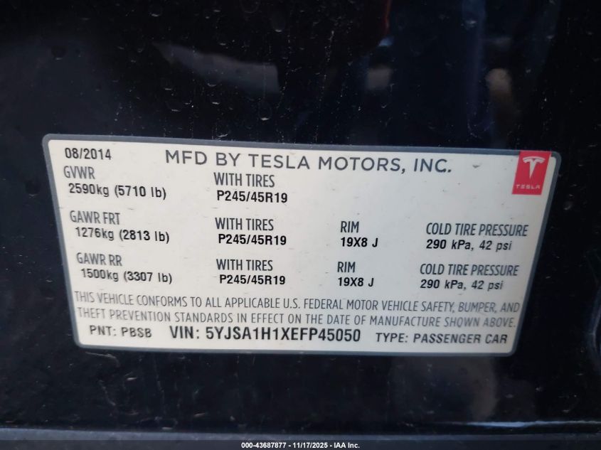 2014 Tesla Model S P85 VIN: 5YJSA1H1XEFP45050 Lot: 43687877