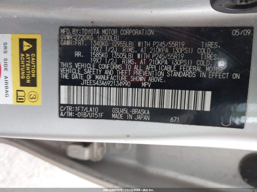 2009 Toyota Highlander Sport VIN: JTEES43A692134990 Lot: 43687878