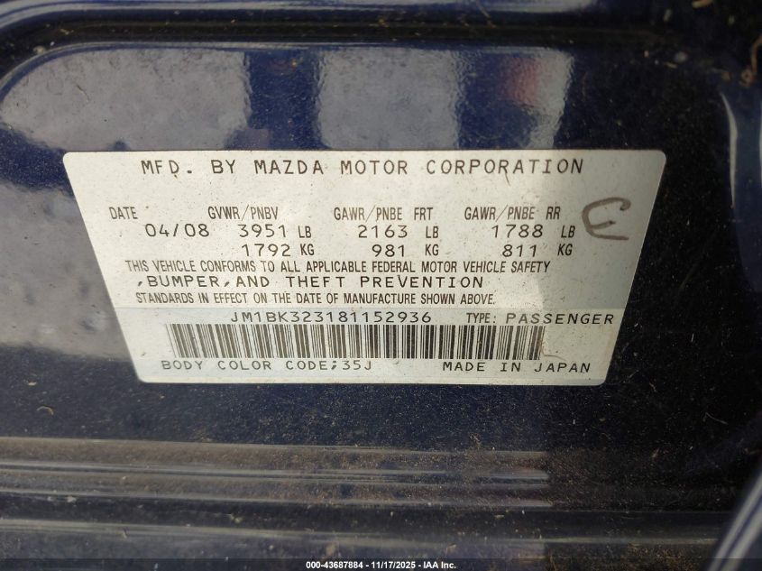 2008 Mazda Mazda3 S Grand Touring VIN: JM1BK323181152936 Lot: 43687884
