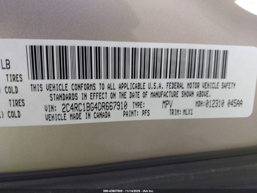 2013 Chrysler Town & Country Touring VIN: 2C4RC1BG4DR667910 Lot: 43687889