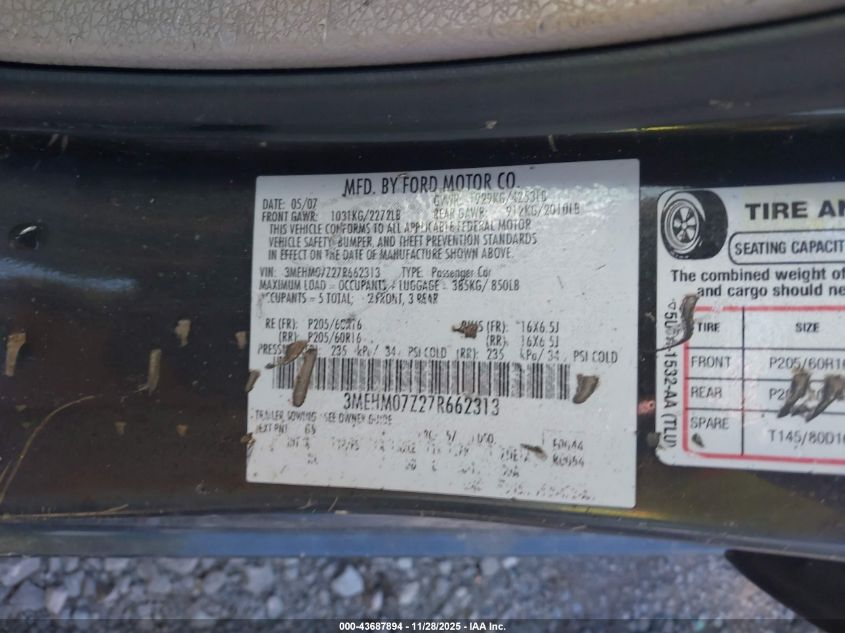 2007 Mercury Milan I4 VIN: 3MEHM07Z27R662313 Lot: 43687894