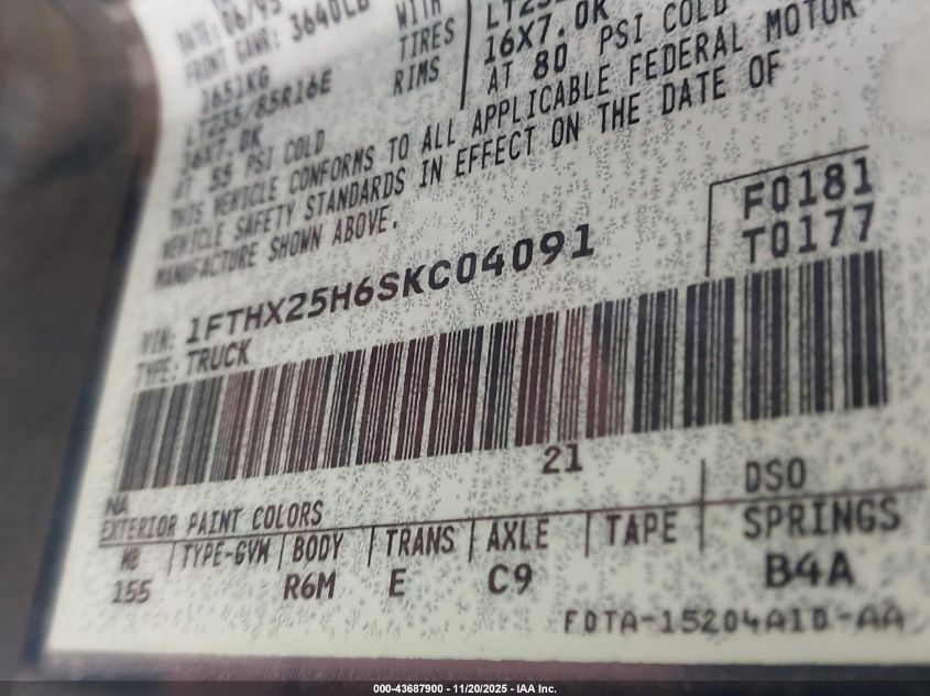 1995 Ford F250 VIN: 1FTHX25H6SKC04091 Lot: 43687900