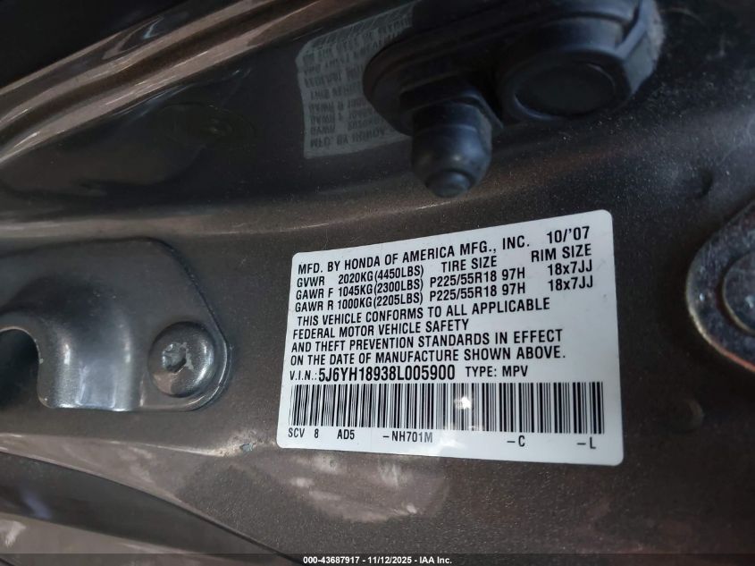 2008 Honda Element Sc VIN: 5J6YH18938L005900 Lot: 43687917