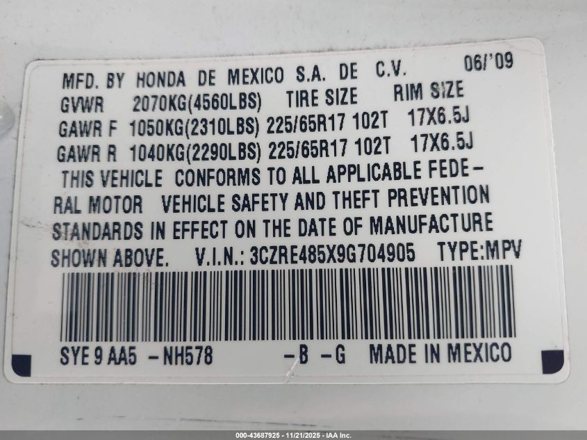 2009 Honda Cr-V Ex VIN: 3CZRE485X9G704905 Lot: 43687925