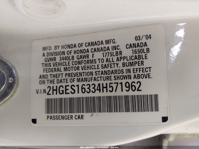 2004 Honda Civic Vp VIN: 2HGES16334H571962 Lot: 43687931