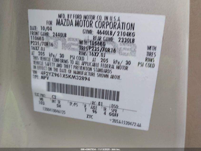 2005 Mazda Tribute S VIN: 4F2YZ961X5KM32894 Lot: 43687934