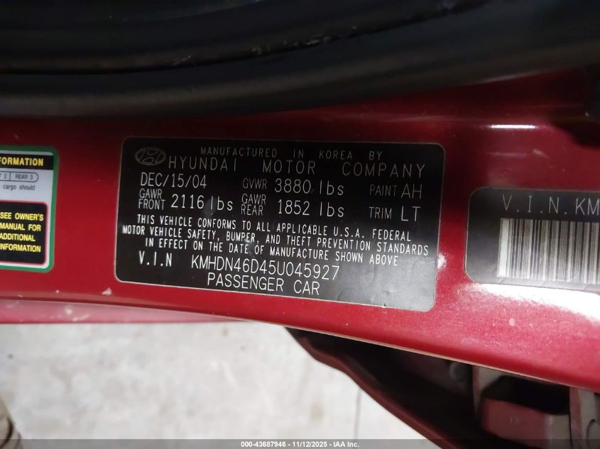 2005 Hyundai Elantra Gls/Gt VIN: KMHDN46D45U045927 Lot: 43687946