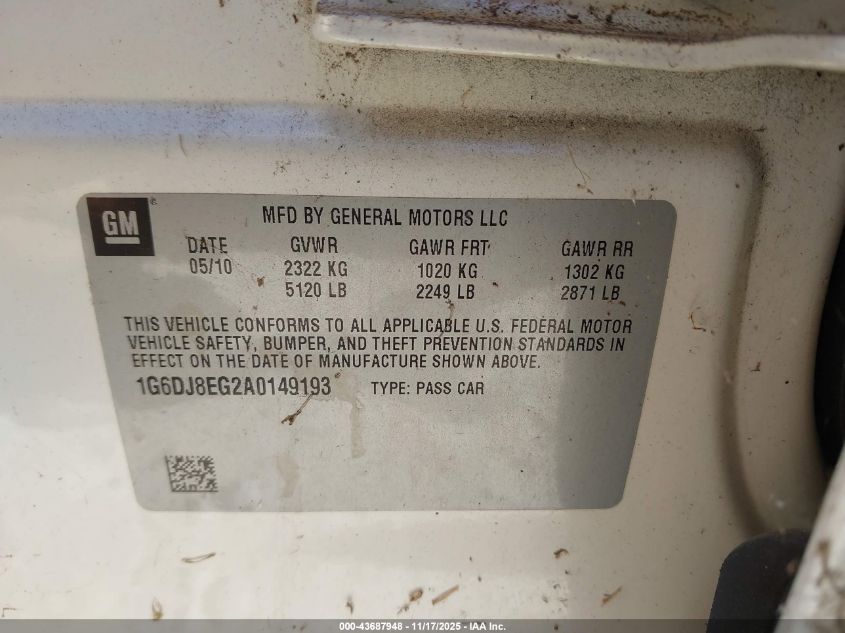 2010 Cadillac Cts Performance Collection VIN: 1G6DJ8EG2A0149193 Lot: 43687948