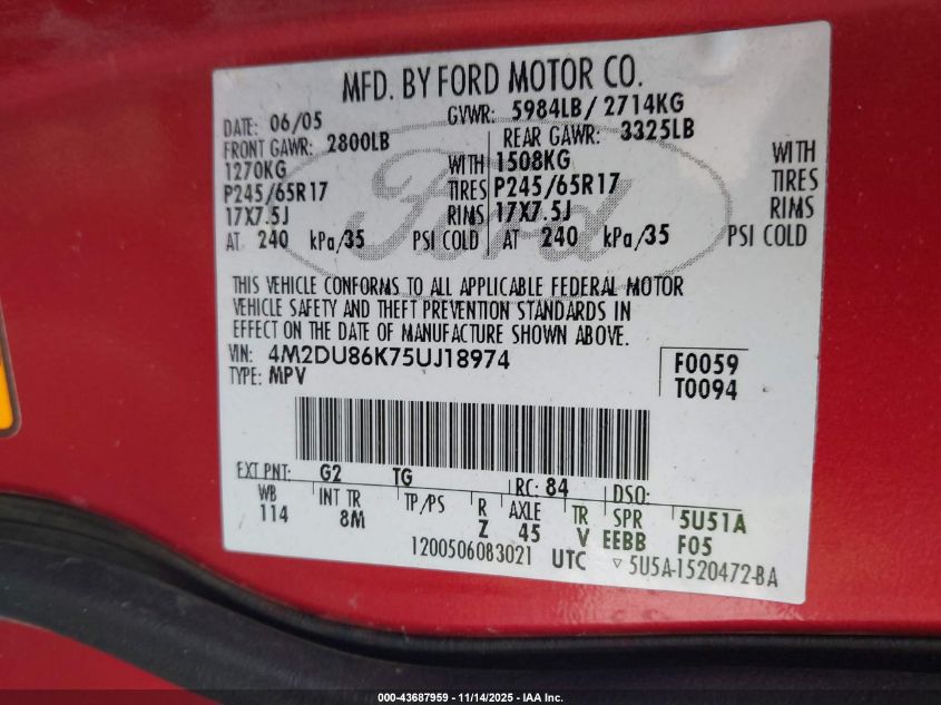 2005 Mercury Mountaineer VIN: 4M2DU86K75UJ18974 Lot: 43687959