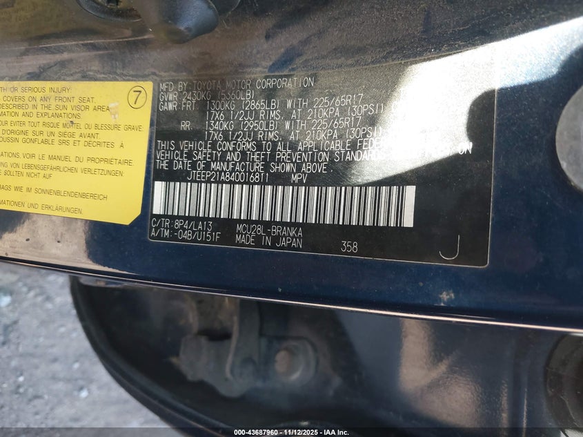 JTEEP21A840016811 2004 TOYOTA HIGHLANDER photo no. 9