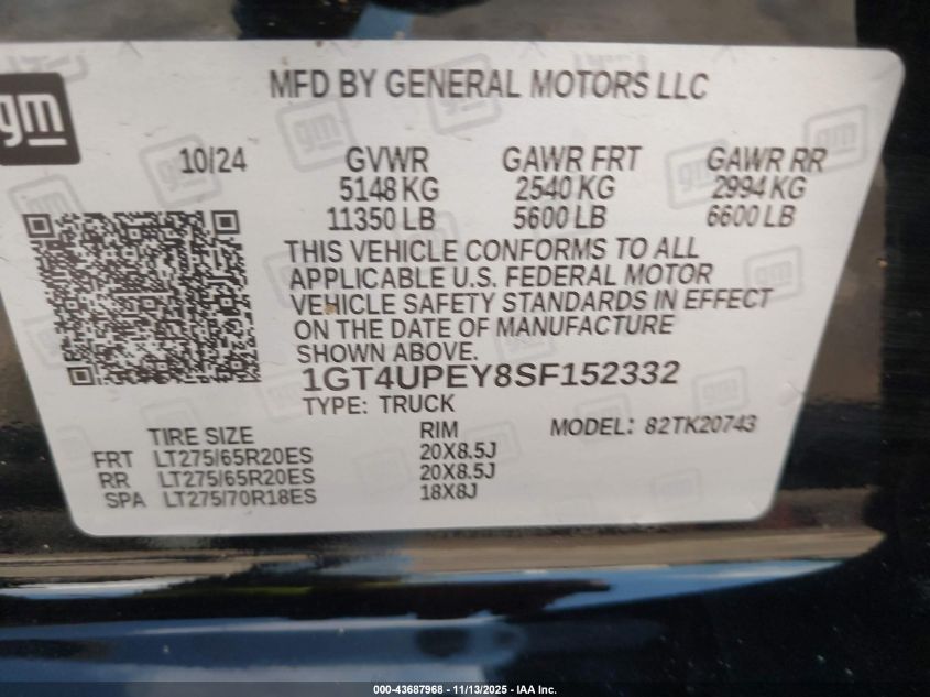 2025 GMC Sierra 2500Hd 4Wd Standard Bed At4 VIN: 1GT4UPEY8SF152332 Lot: 43687968