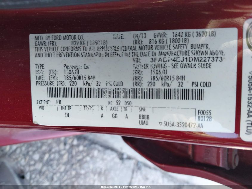 2013 Ford Fiesta Se VIN: 3FADP4EJ1DM227373 Lot: 43687981