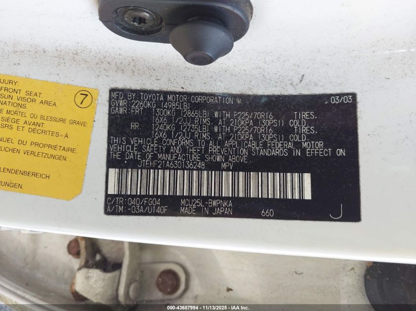 2003 Toyota Highlander V6 VIN: JTEHF21A630136248 Lot: 43687994