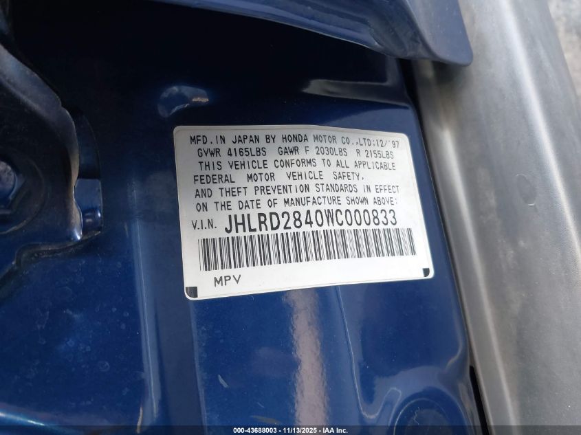 1998 Honda Cr-V Lx VIN: JHLRD2840WC000833 Lot: 43688003