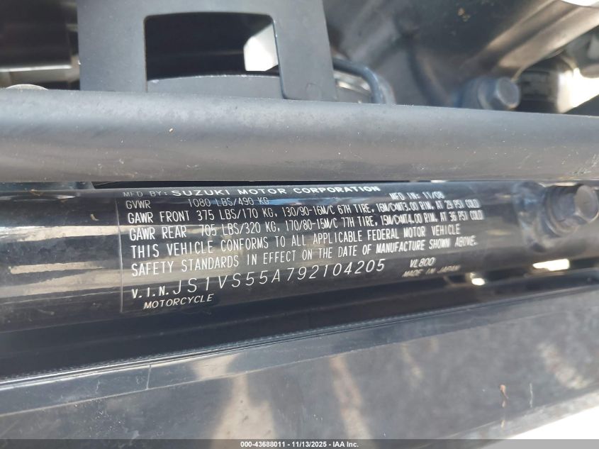 2009 Suzuki Vl800 VIN: JS1VS55A792104205 Lot: 43688011