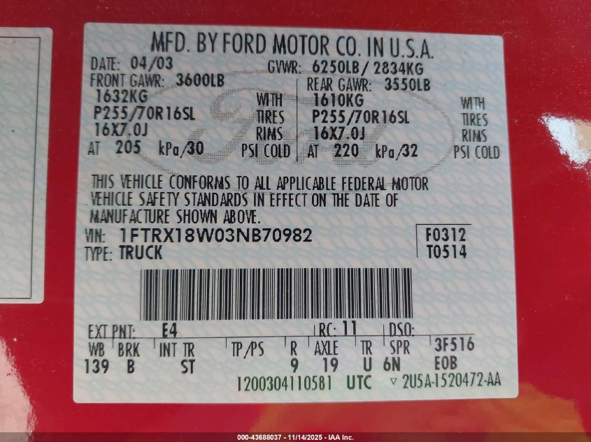 2003 Ford F-150 Lariat/Xl/Xlt VIN: 1FTRX18W03NB70982 Lot: 43688037