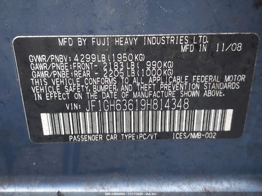 2009 Subaru Impreza Outback Sport VIN: JF1GH63619H814348 Lot: 43688065